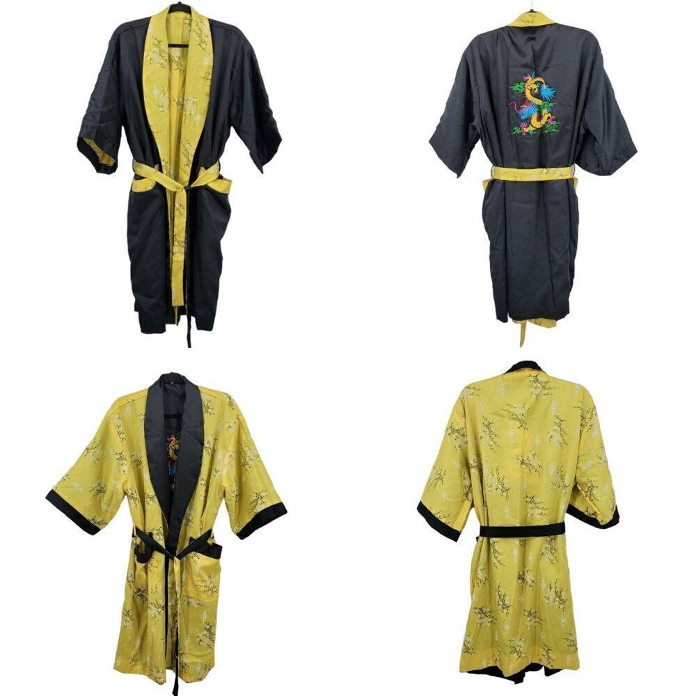 Reversible Kimono Robe L Black Embroidered Dragon Yellow‎ Floral Asian Unisex